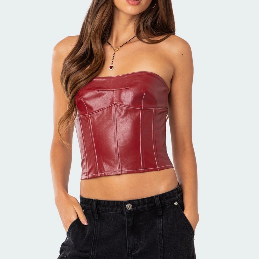EDIKTED Red Strapless Leather corset top